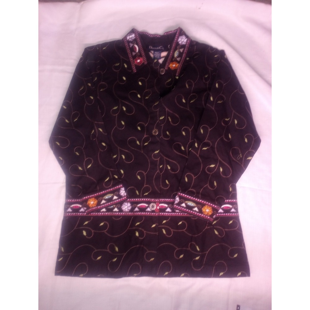 Vtg Denim & Co Blk Denim Trench‎ Coat Embroidered Floral Multicolor Small